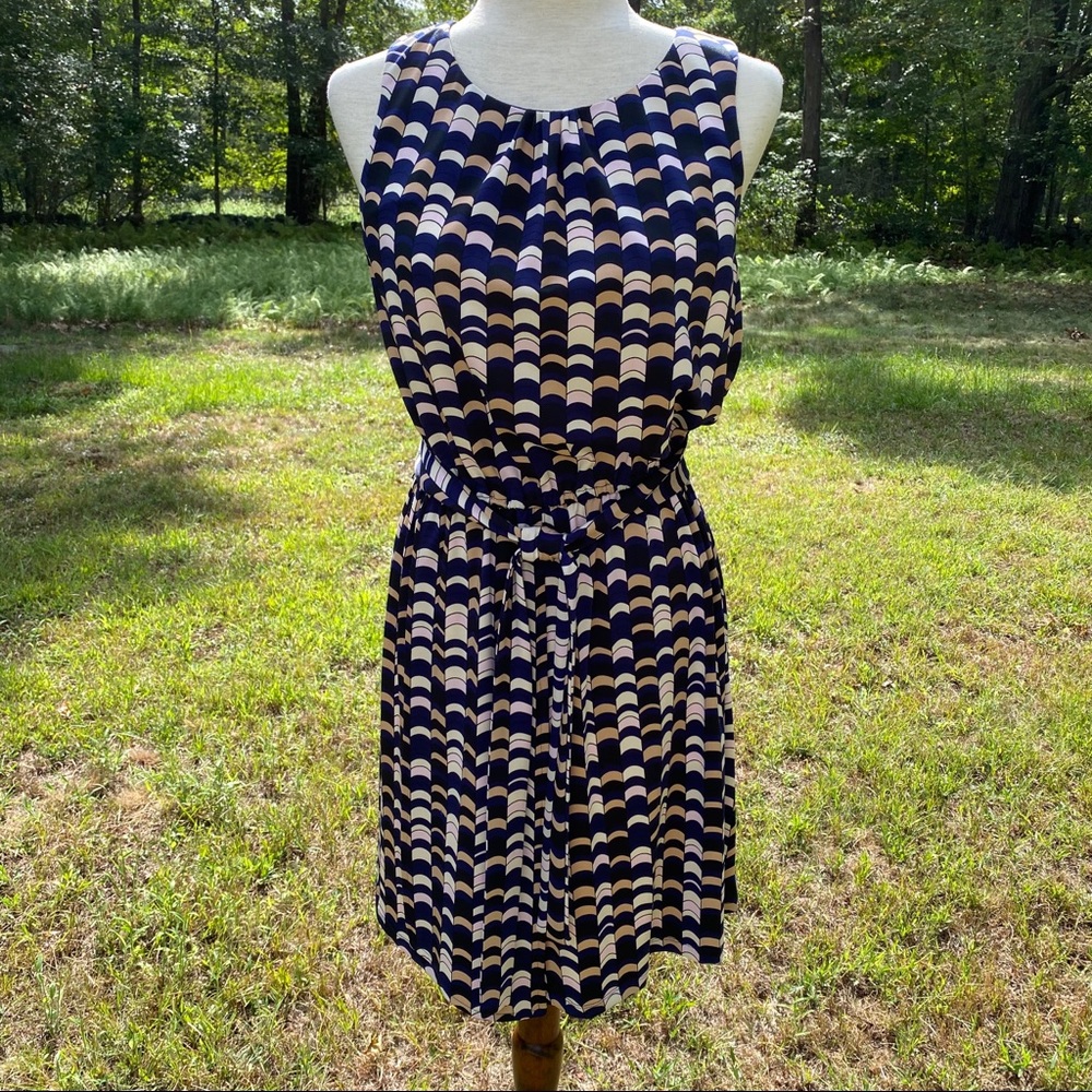 JULIE BROWN DRESS BELTED BLUE WHITE TAN PRINT SLEEVELESS SIZE S